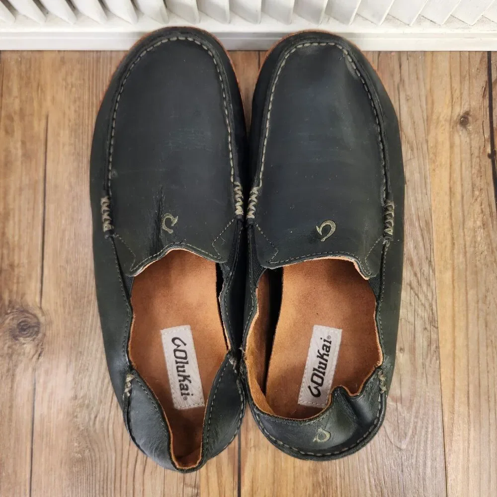 Olukai Moloa Leather Slip On Shoes Mens Sz 10 Black Brown Casual Moc Toe Loafers
